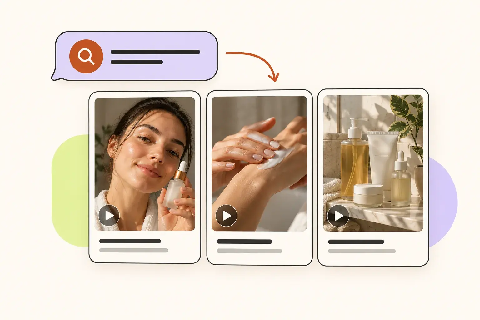 A chat search request leads to three skincare Reel results.